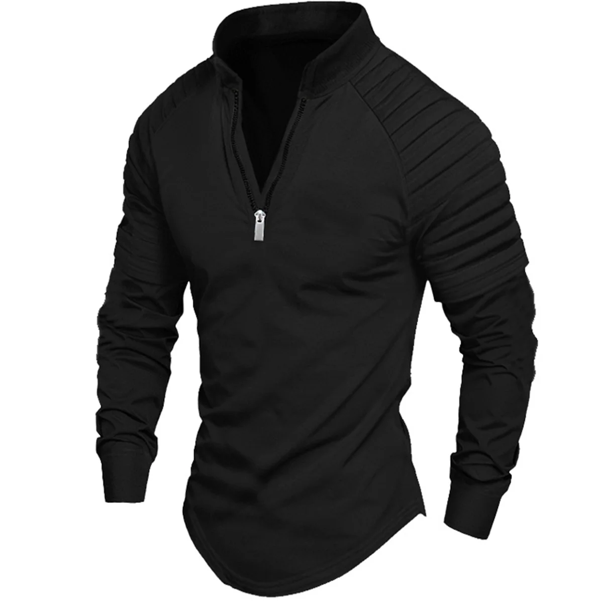 Spring and Autumn Men\'s Outdoor High Street Style Solid Color Zipper Arm Wrinkle Design Muscle Sports Long Sleeve POLO shirt