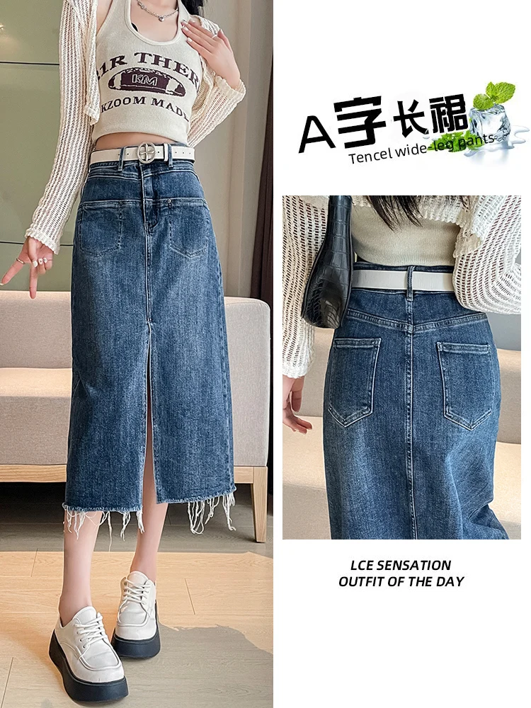 

Stretch Jean Skirt for Women High Waisted Blue Jean Midi Skirt with Pockets Casual Pencil Skirt for Women Girls Split Front Jean