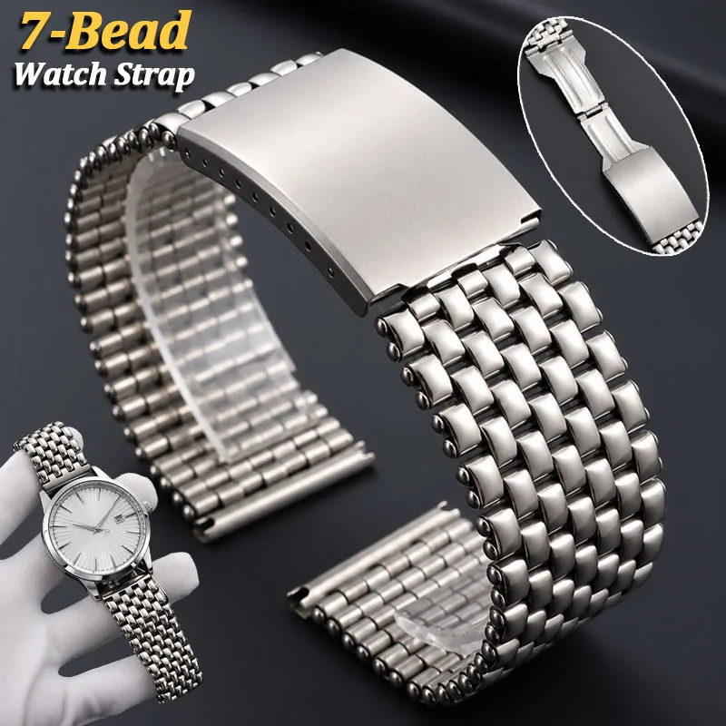 7-Bead Stainless Steel Watch Band 20mm 22mm 24mm Rivet Structure Metal Strap Folding Buckle Removable Links Adjustable Bracelet