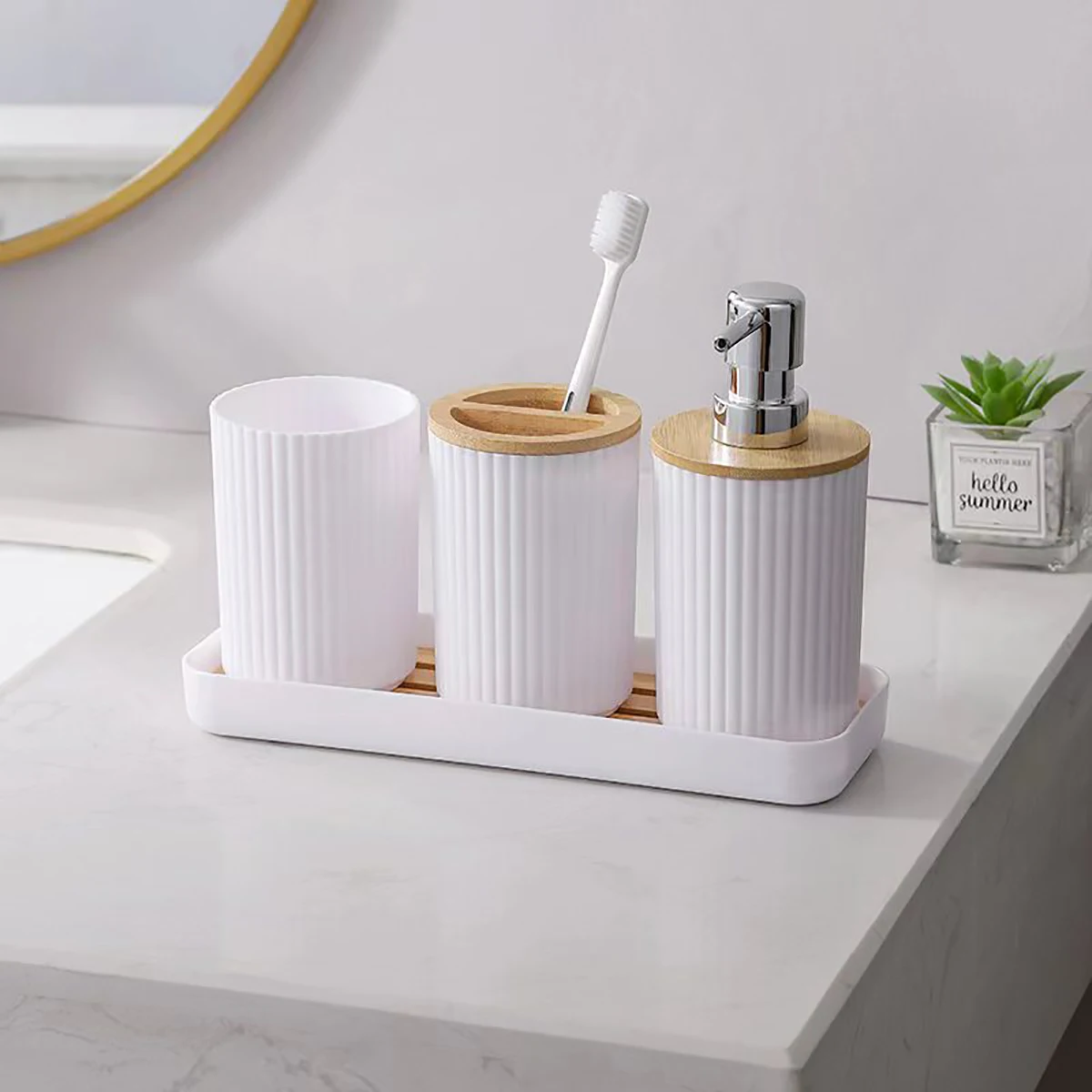 Bathroom Accessories Set Vanity Counter Soap Dispenser Toothbrush Cotton Swab Holder and Tray Set Bathroom Decor Apothecary Jars