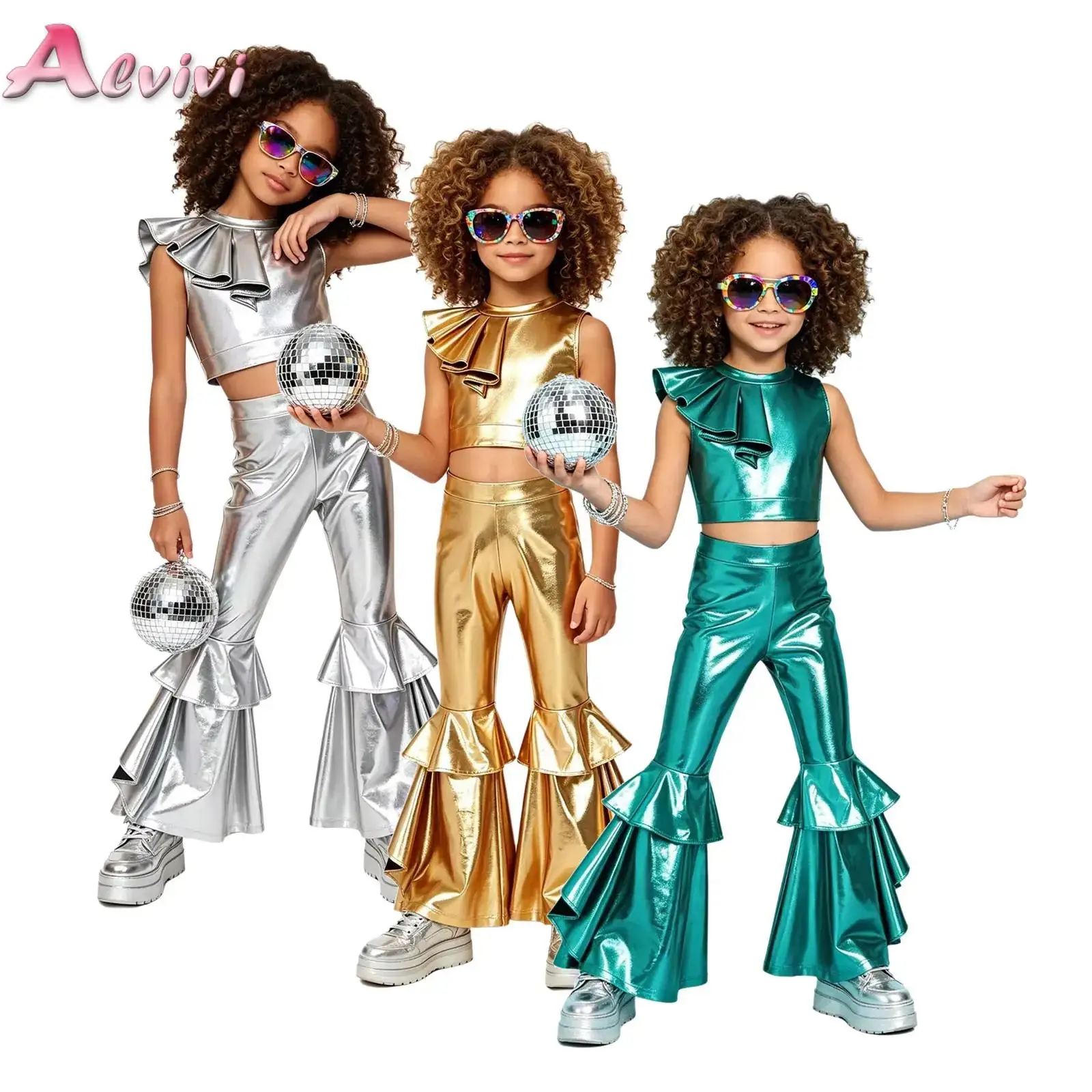 Kids Girls Metallic Crop Top with Layered Ruffled Flared Pants Two-piece Set for Disco Jazz Dance Stage Performance Competition