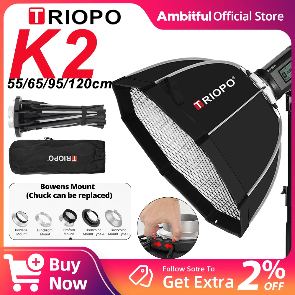 

TRIOPO K2 Qiuckly Open Softbox 55cm 65cm 90cm Bowens Mount Softbox Replaceable Mount For Elinchrom Profoto Broncolor A/B