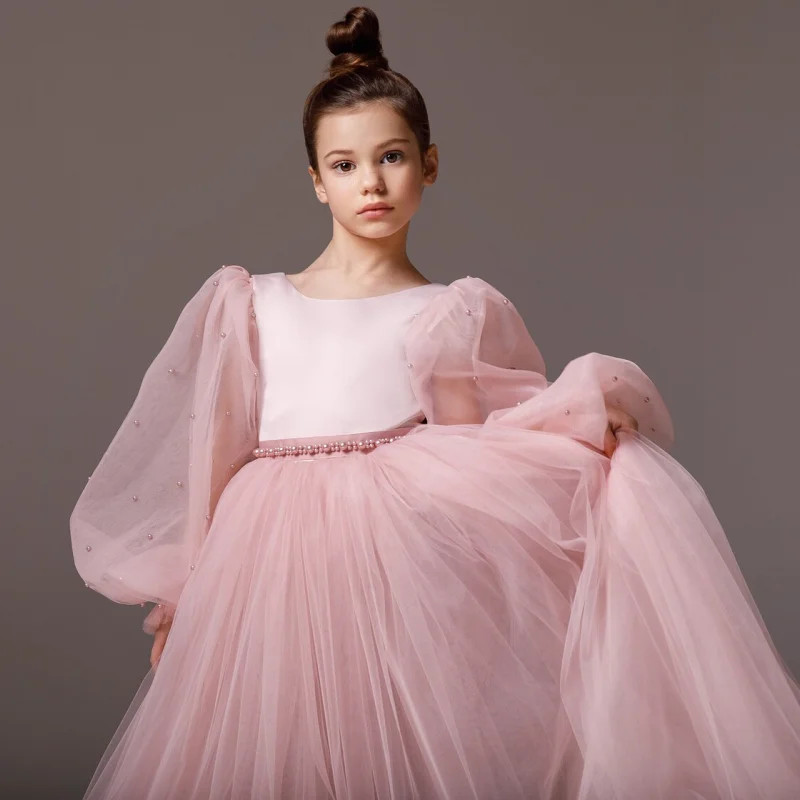 Vestidos de florista rosa empoeirado com laço, tule, pérolas, manga comprida, casamento, festa de aniversário, banquete, vestidos de princesa