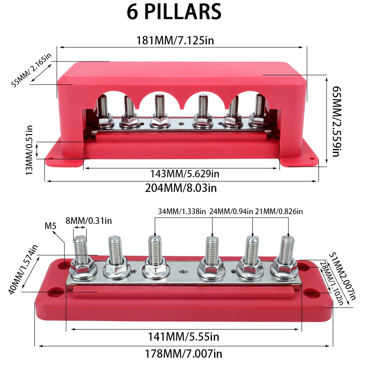 Black/Red M8/6/8 Column 12/48V 300A High Current Busbar, Suitable for Car, RV, Boat, Yacht Modification, Etc