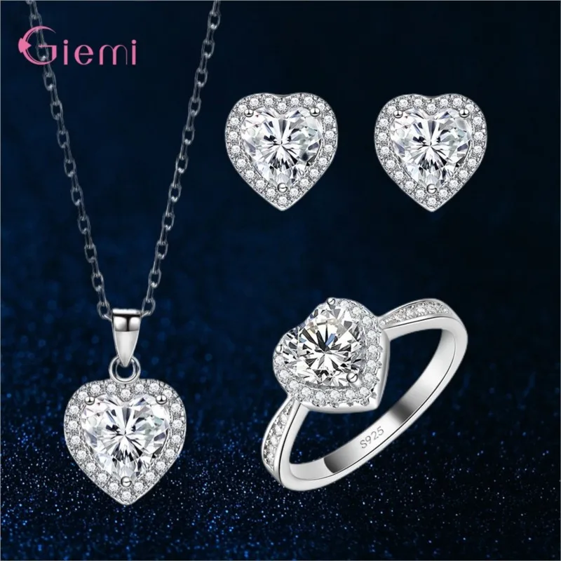 

Original 925 Sterling Silver Jewelry Set Cute Cubic Zircon Crystal Love Heart Pendant Necklace Earrings Ring Drop Shipping
