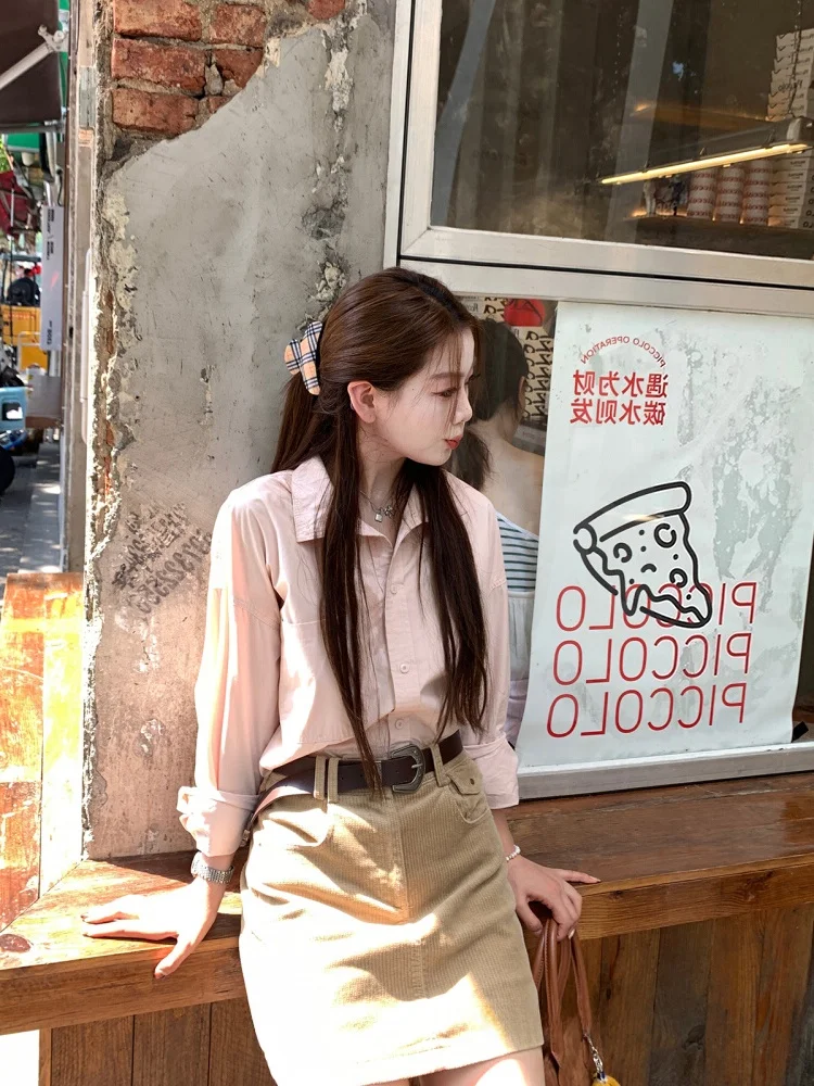 

Pastel Pink Stand Collar Loose Women's Shirt Commute Style Early Spring New Arrival Layered Inner Wear Top Korean Version