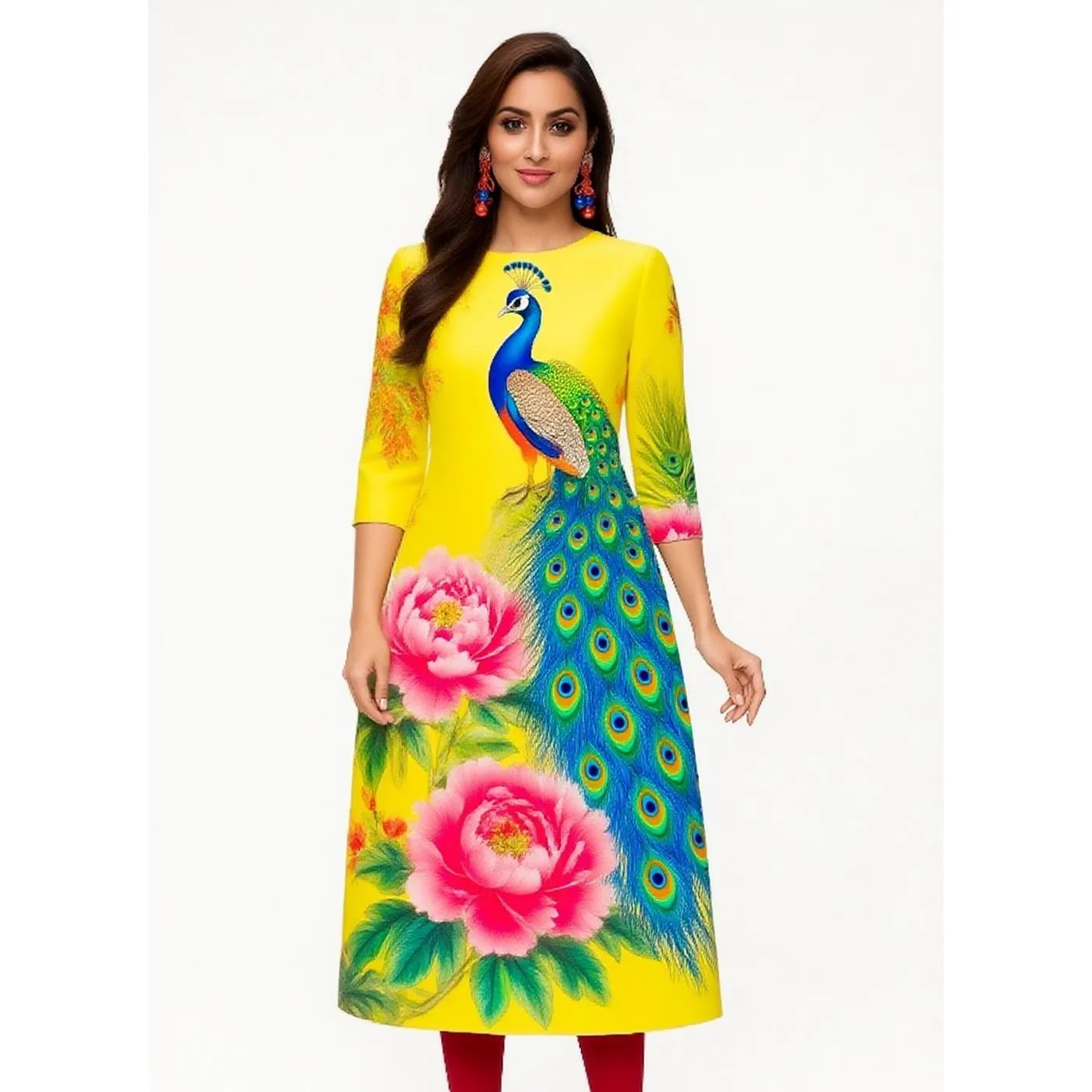 Muslim Dress Kurt Fashionable Elegant National Style Straight Tube Casual Slit Hem Elephant Peacock Pattern Women Dress Abaya