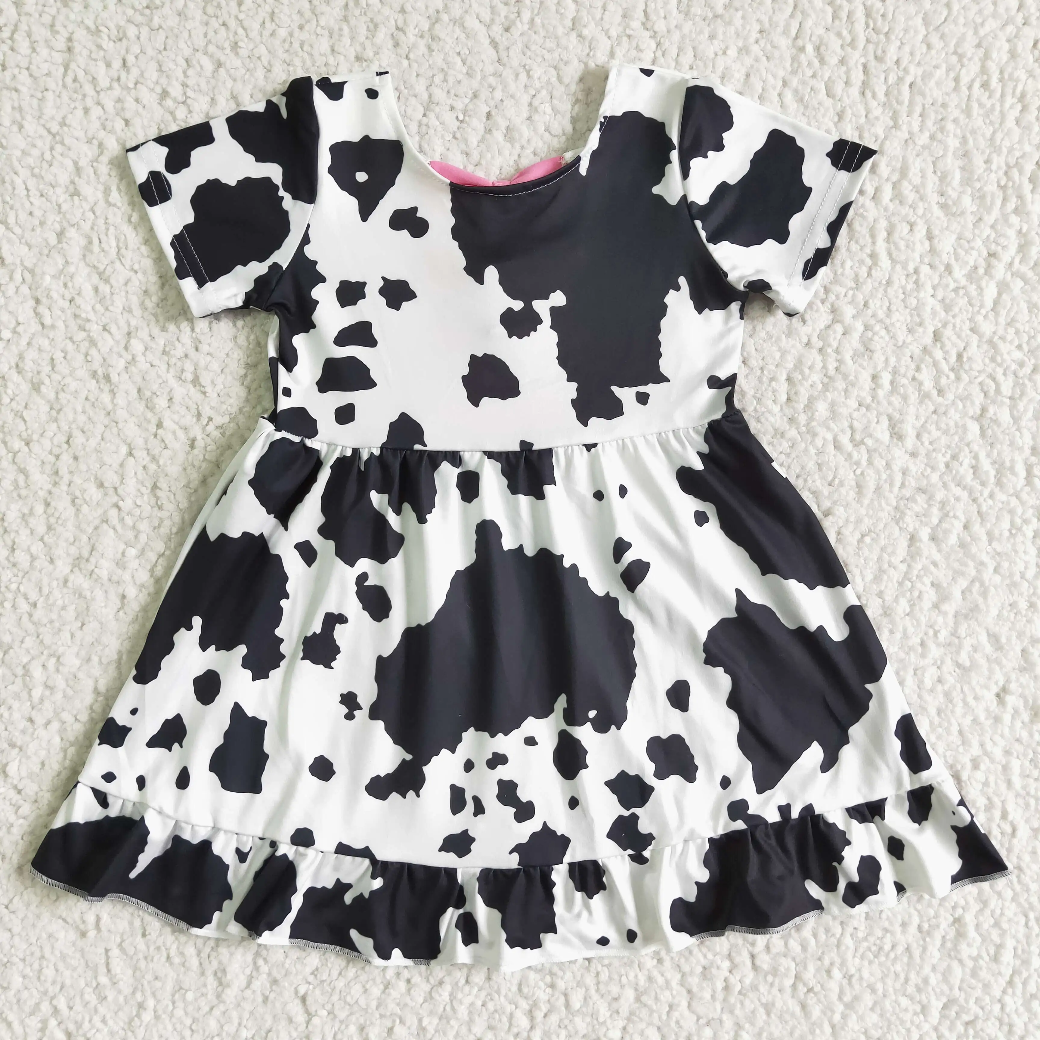 

Hot Sale Wholesale New Summer Cow Print Bow Short Sleeve Dress Wholesale Boutique Baby Girls Children Outfits Clothing Skirt