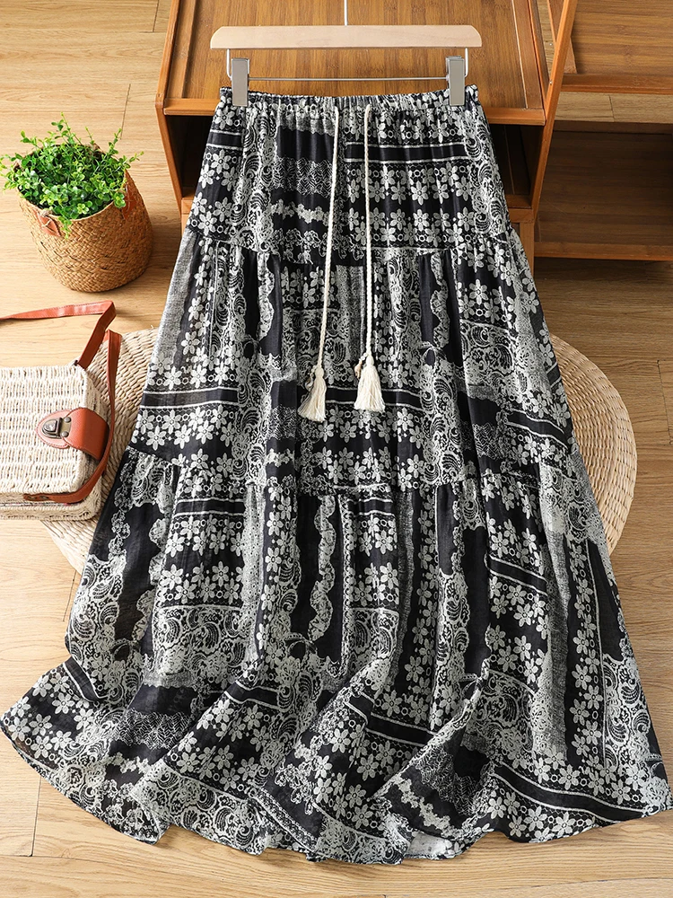 Retro Black White Ethnic Print Half Skirt Women's Summer New Forest System High Waist Belted Pleated A-Line Long Trendy Skirt