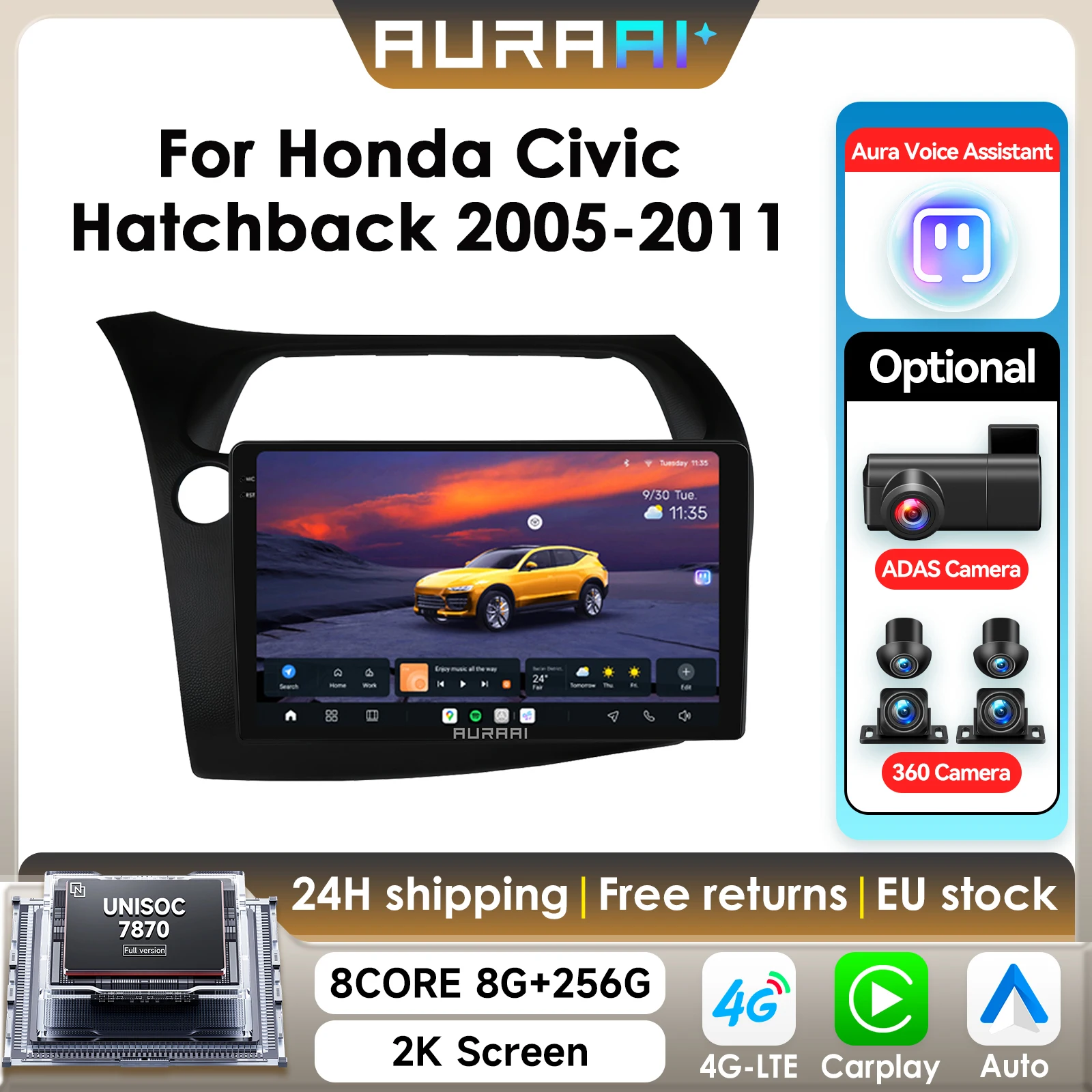 8G+256G AURAAI 2K Bildschirm für Honda Civic Hatchback 2005 - 2011 Autoradio CarPlay Android Auto 4G WIFI GPS BT DSD ADAS Dual-Mikrofon