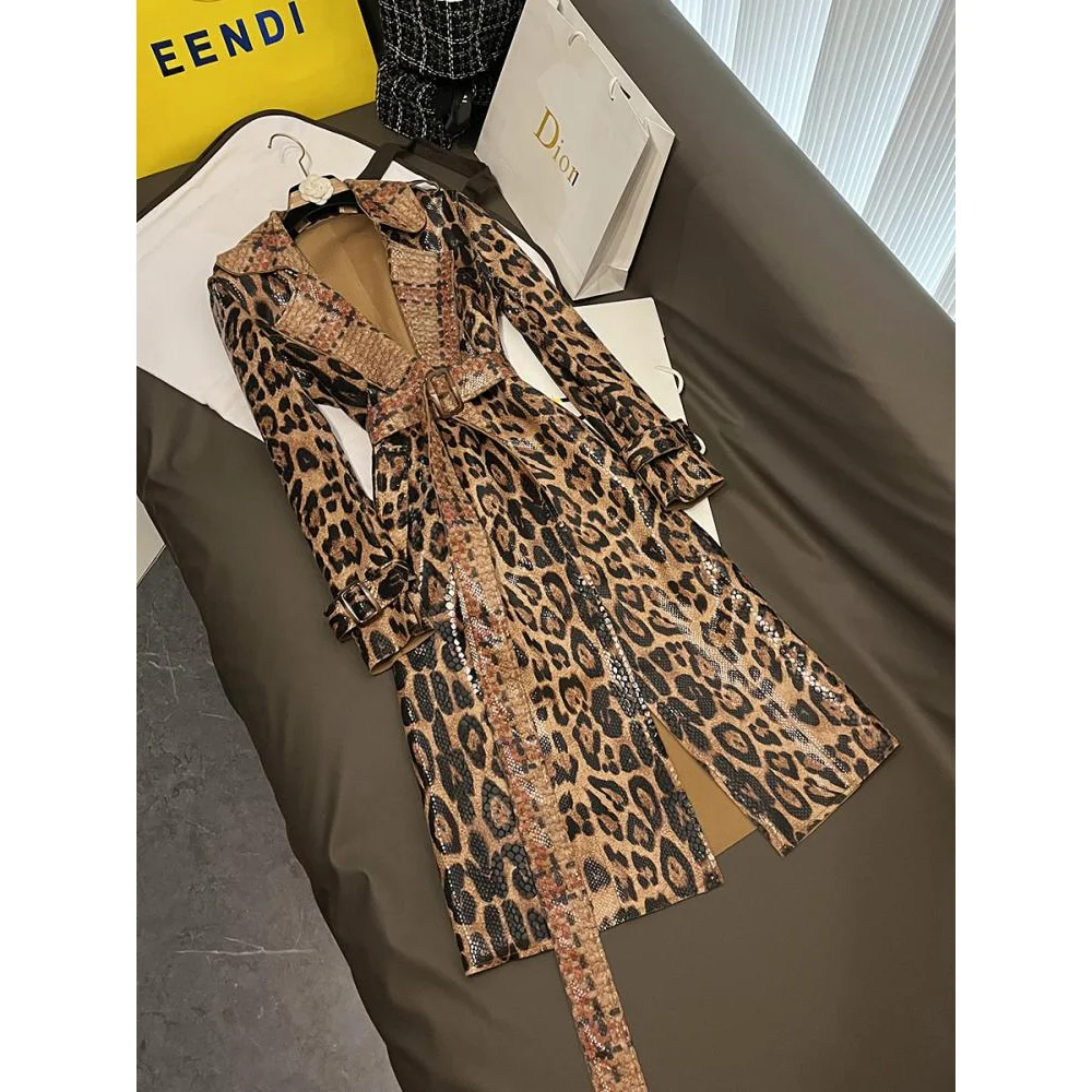 

2025 Autum Snakeskin Leopard Print Long Trench Coat Belt Long Sleeves Slim Leather Outwear Women Banquet Party