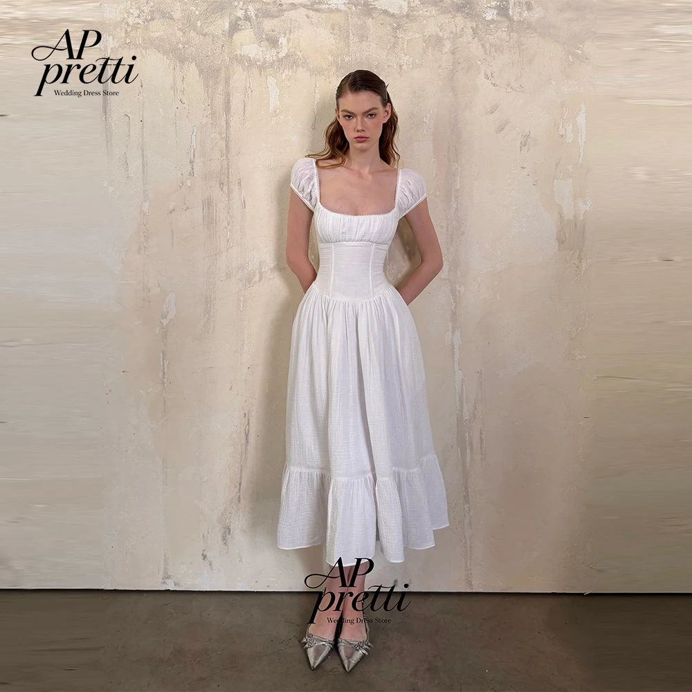 AP Pretti Lovely Satin Wedding Dress Customized Bridal Gown A-line Tea-Length Square Neck Vestidos Novias Boda Regular Sleeve