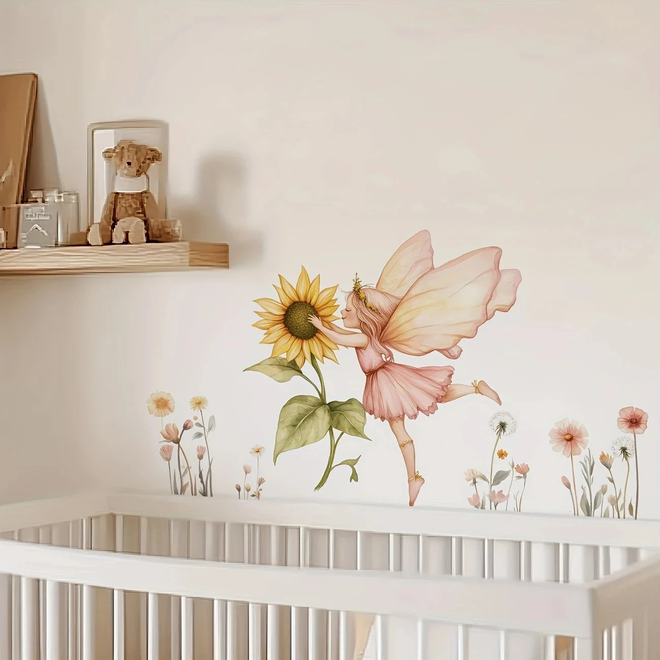 MT1098# Sunflower and Fairy Girl Plant Butterfly Wall Stickers for Living Room Girl Bedroom Background Self-Adhesive Decorative view 3