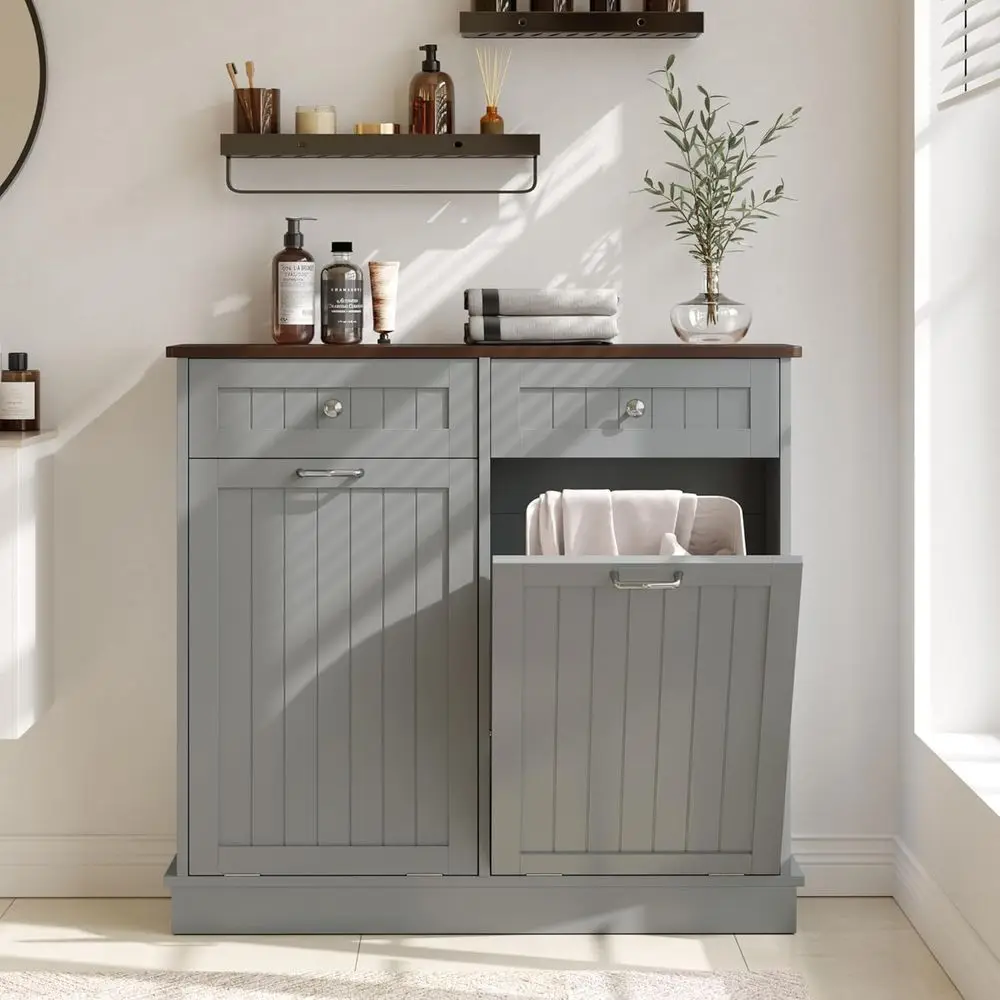 

Double Out Trash Can Cabinet, 20 Gallon Hidden Trash Storage Cabinet with 2 Hideaway Ders, reestanding Trash Can or Kitchen, Woo