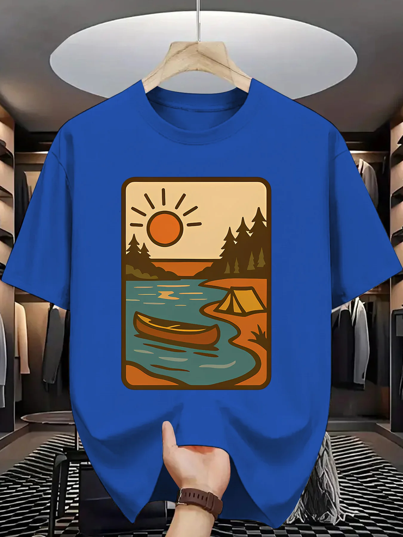 Vintage Camping Print Men Short Sleeve Tshirt Lake Canoe Tent Pine Tree Sun Frame O Neck Tee Outdoor Male Street Fashion Tops