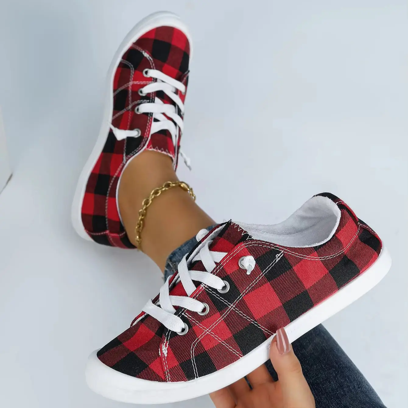 

Women's Red & Black Buffalo Plaid Canvas Sneakers - Lightweight Slip-On Lace-Up, Soft Breathable Upper