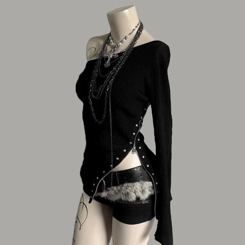 Off Shoulder Long Sleeve Top for Women, Dark Rivet Irregular Slim Fit Tee Y2K Punk Asymmetric Hem Long Sleeve Blouse Streetwear