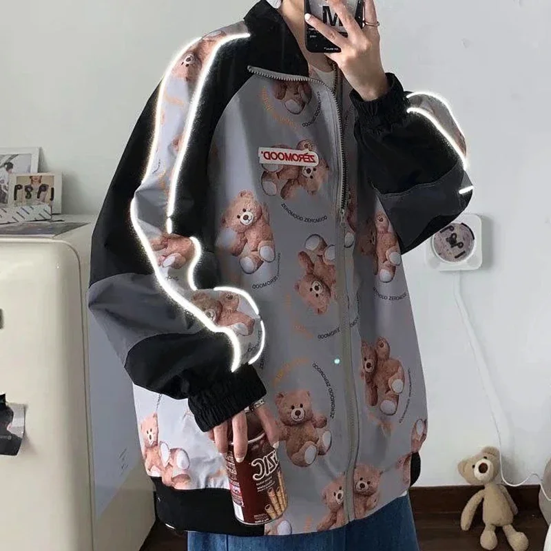 Newwindbreak Sport Kawaii Baseball Jackets Coat Cute Bear Y2K Full Printed Oversized Outerwear Side Patch Autumn Winter Couples