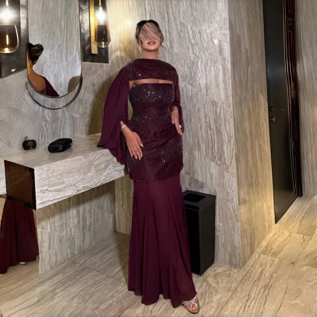 Wishah Customized Mermaid Elegant Luxurious Burgundy Chiffon Evening Dress Square Neck Flare Sleeve Floor Length Formal Gowns