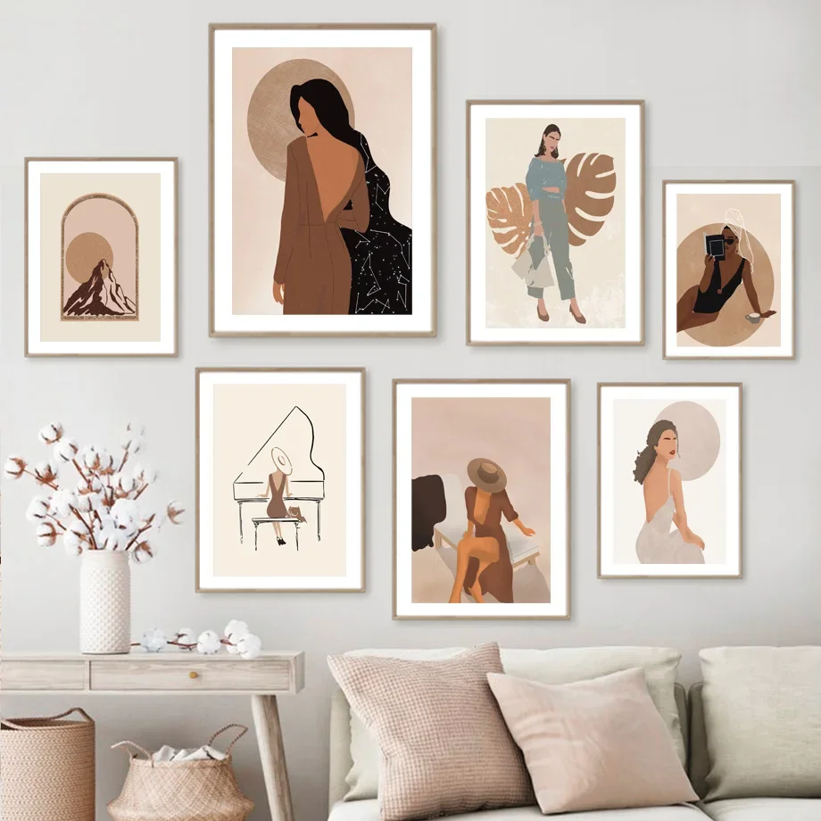 Classic Minimalist Wall Art Swimsuit Pajama Dress Woman Playing Piano HD Canvas Print Poster Home Living Room Bedroom Decoration