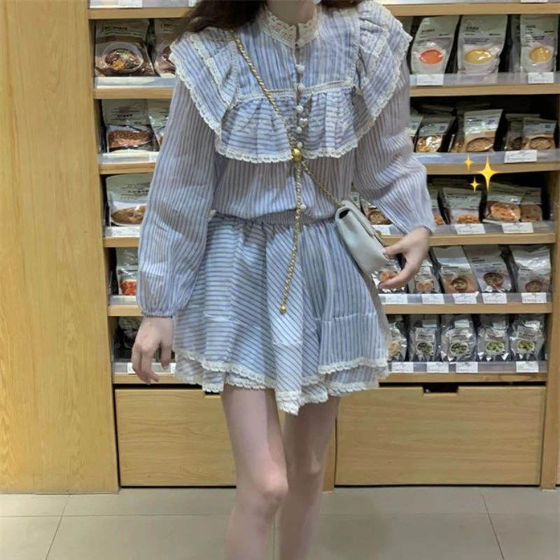 

Women Dress Sets Ruffled Lace Splicing Striped Long Sleeve Dresses + High Waist Ball Gown Skirt Female Sweet Daily Two-piece Set