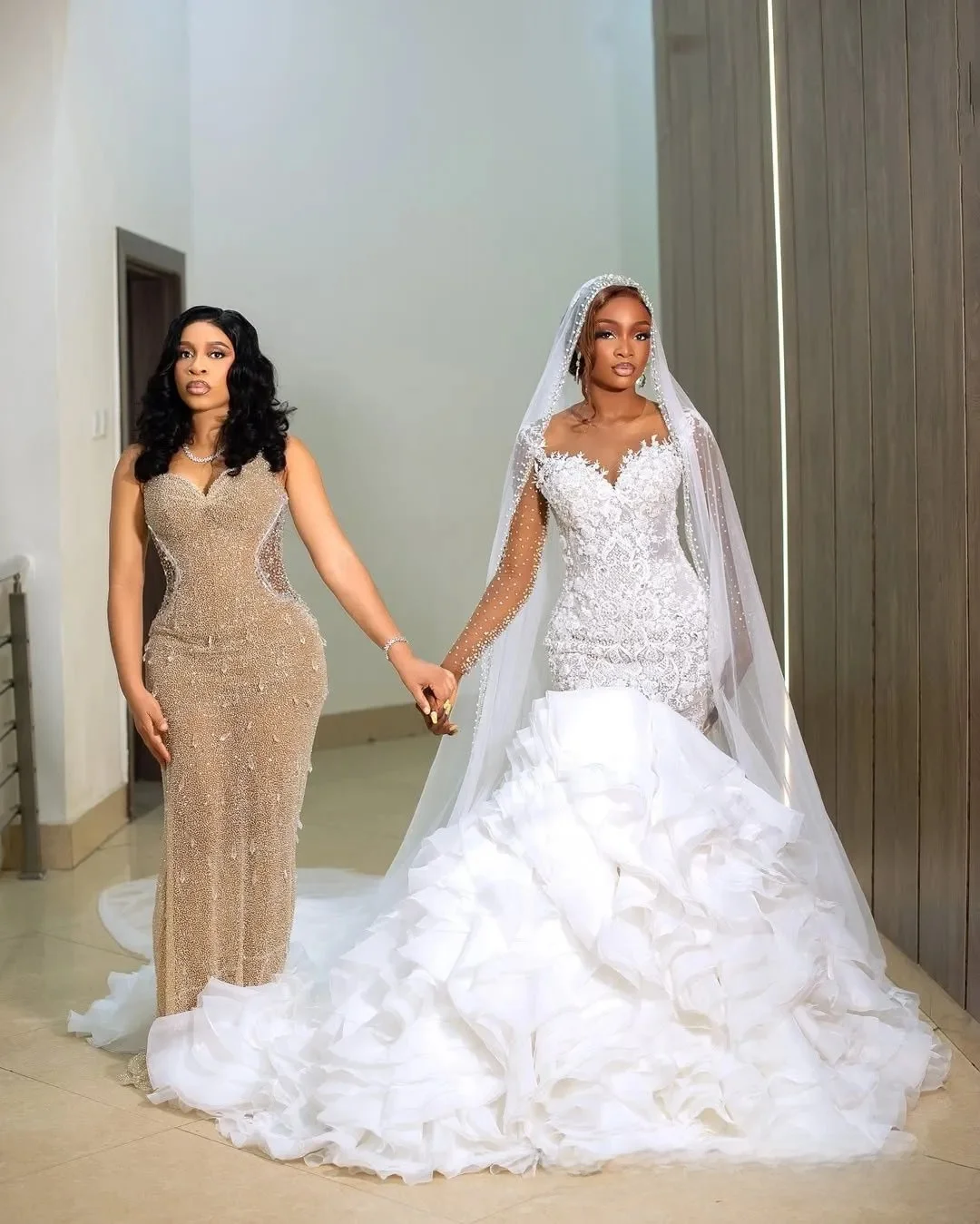 

Customized Plus Size Mermaid Wedding Dress For Bride Long Sleeves Tiered Sheer Beaded Lace Tiered