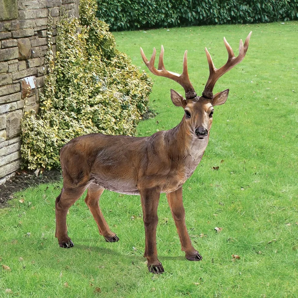 Estatua animal con cebo para jardín interior/exterior, ciervo grande y ciervo, 28 pulgadas de largo y 24 pulgadas de alto, resina fundida a mano, acabado marrón