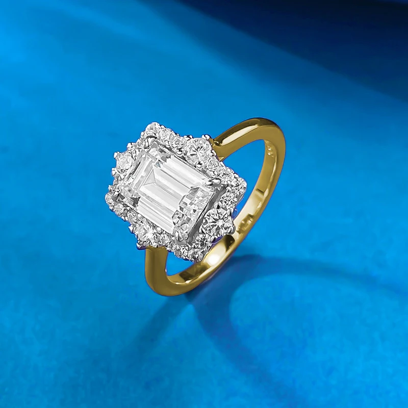 18kGoldS925Custom-made sterling silver ring with emerald cut moissanite and lab-grown diamond