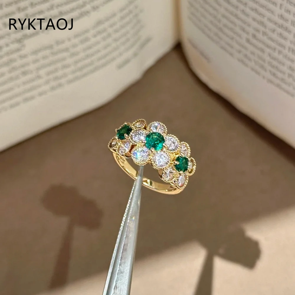 925 Sterling Silver Gold Plated Vintage Cluster Green Cubic Zirconia Ring for Women Floral Multi Stone Wedding Fine Jewelry Gift