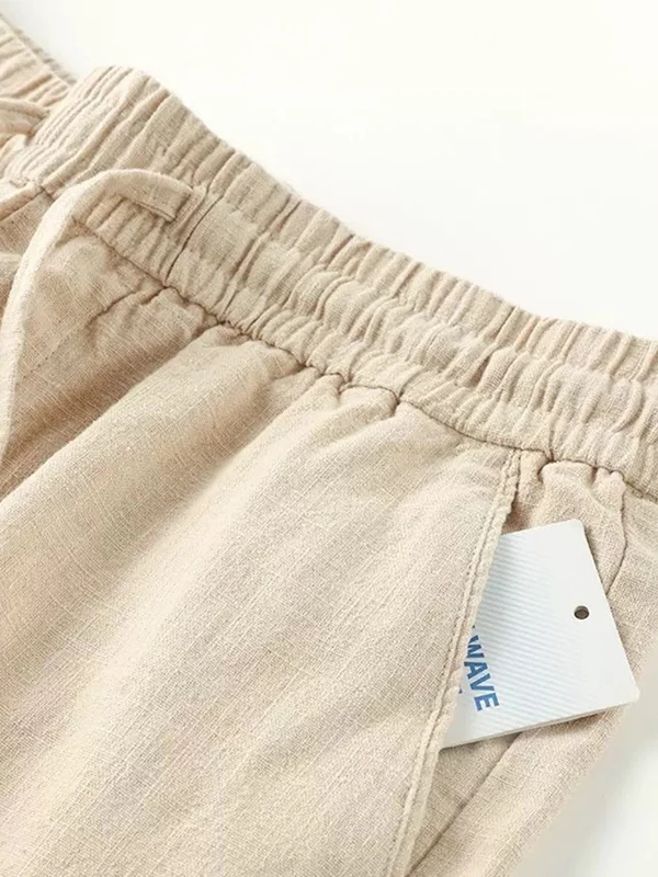 الصيف رقيقة القطن الكتان الرجال فضفاض الرياضة سراويل تقليدية الكاكي واسعة الساق مستقيم قطع مرونة الخصر منتصف الارتفاع تسع نقاط