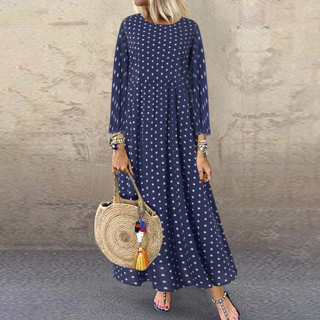 Plus Size Dot Print Dresses Fashion O Neck  Casual Dress For Women Elegant Summer Long Sleeve Ruched Long Dress Vestido De Mujer