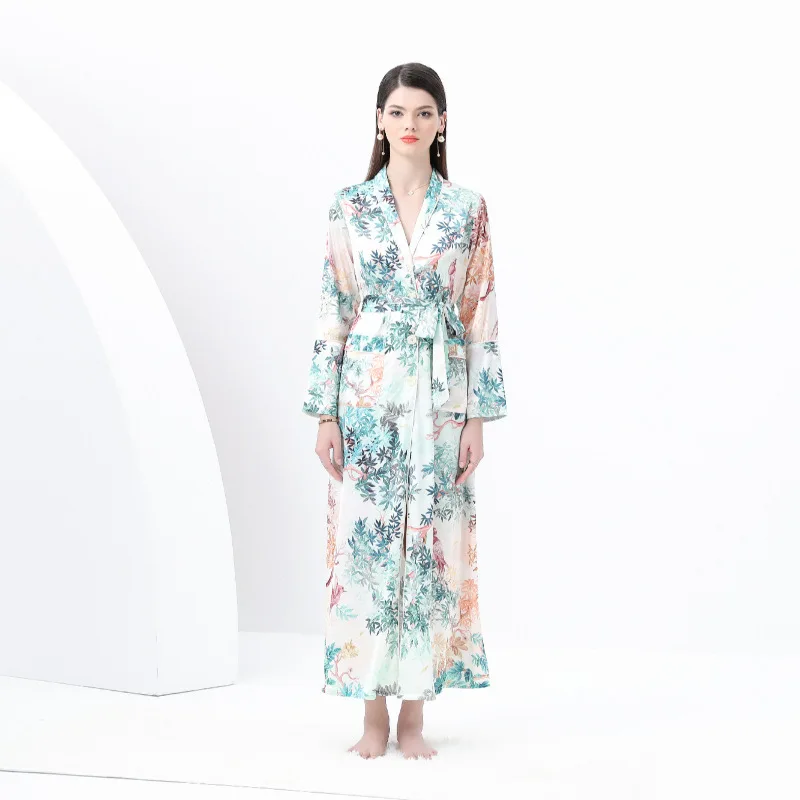 Casual Printed Dr Nightgown Set with Lapel Spwear Ensemble Early Spring Women's Faion Thi Winter Gown with Pleats