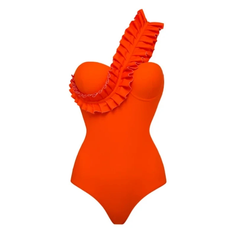 One Piece Swimsuit 2024 New Sexy Solid Ruffle Swimwear Women Yellow Bathing Suit Beach Wear Backless Monokini Female Bodysuit