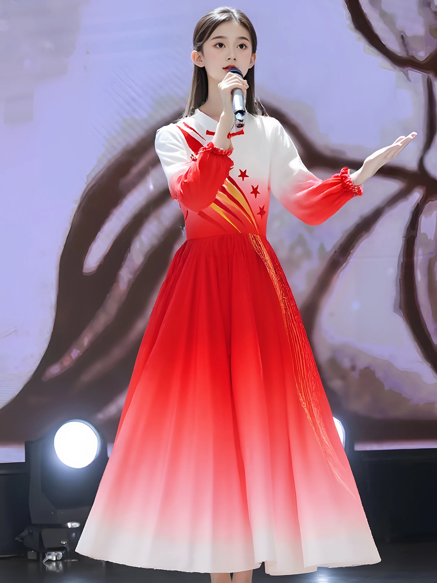 

Красный праздничный костюм для выступлений, для национального хора, для девочек начальной и средней школы, для ведущих церемоний, одежда на День защиты детей