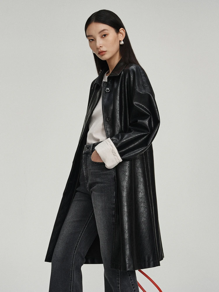 Casual Long PU Leather Jaet Women's Turn-down Collar Windproof Outerwear Faionable And Comfortable Youth Spring Faion