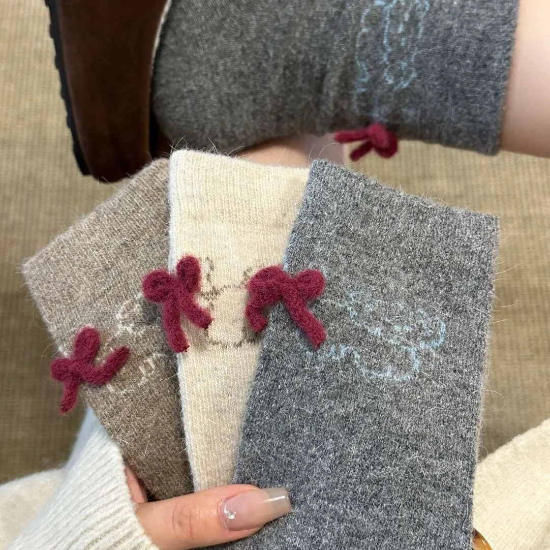 5 Pairs Women's Socks Set Winter Korean Warm Thick Simple Pile Socks For Girl Bow Cartoon Cute Puppy Sweet Kawaii Mid Tube Socks