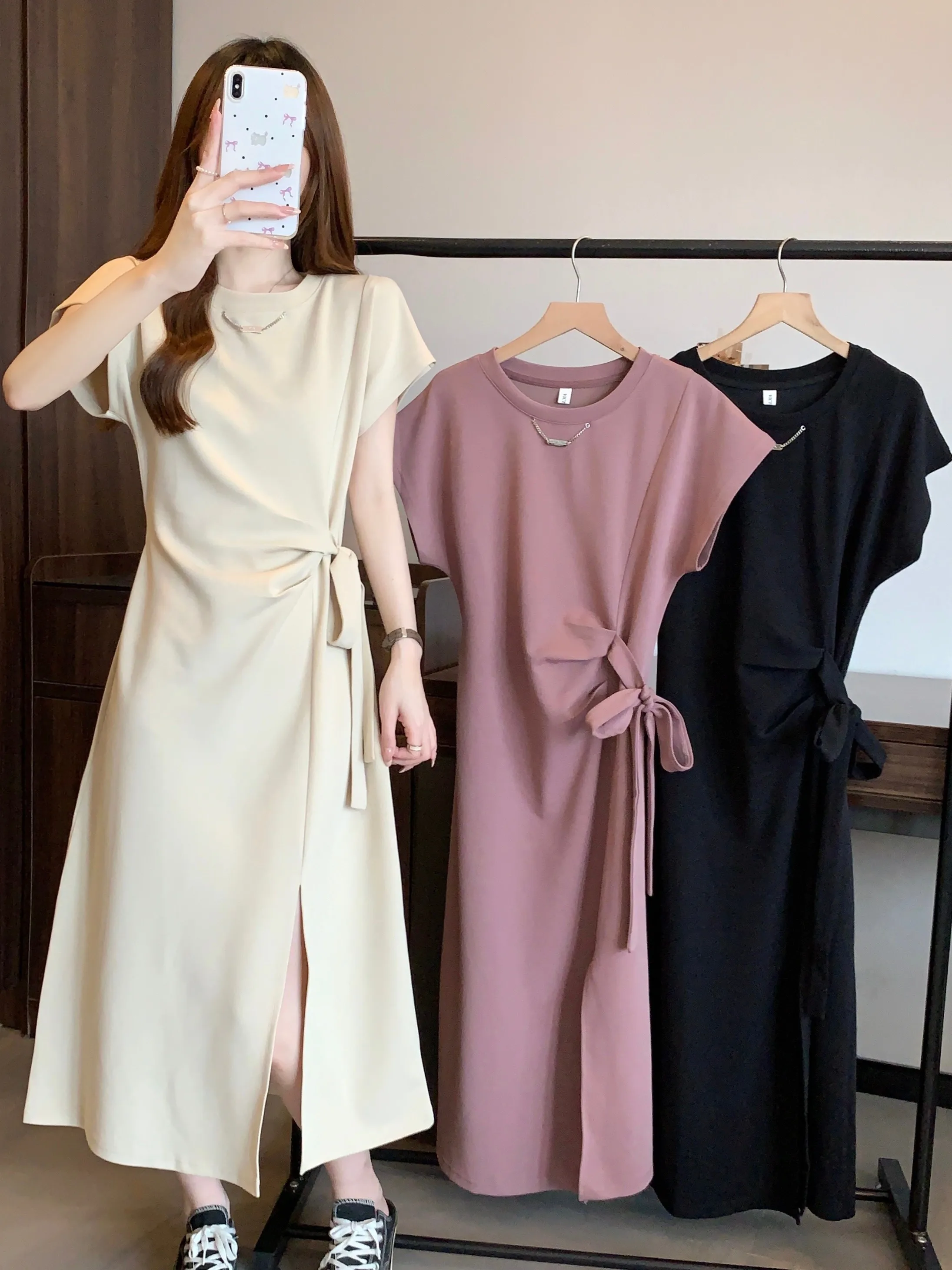 

plus Size Hepburn Style Casual Sleeveless A-Line Dress Women Summer New Waist-Cinching Necklace-Strapped Long Dress