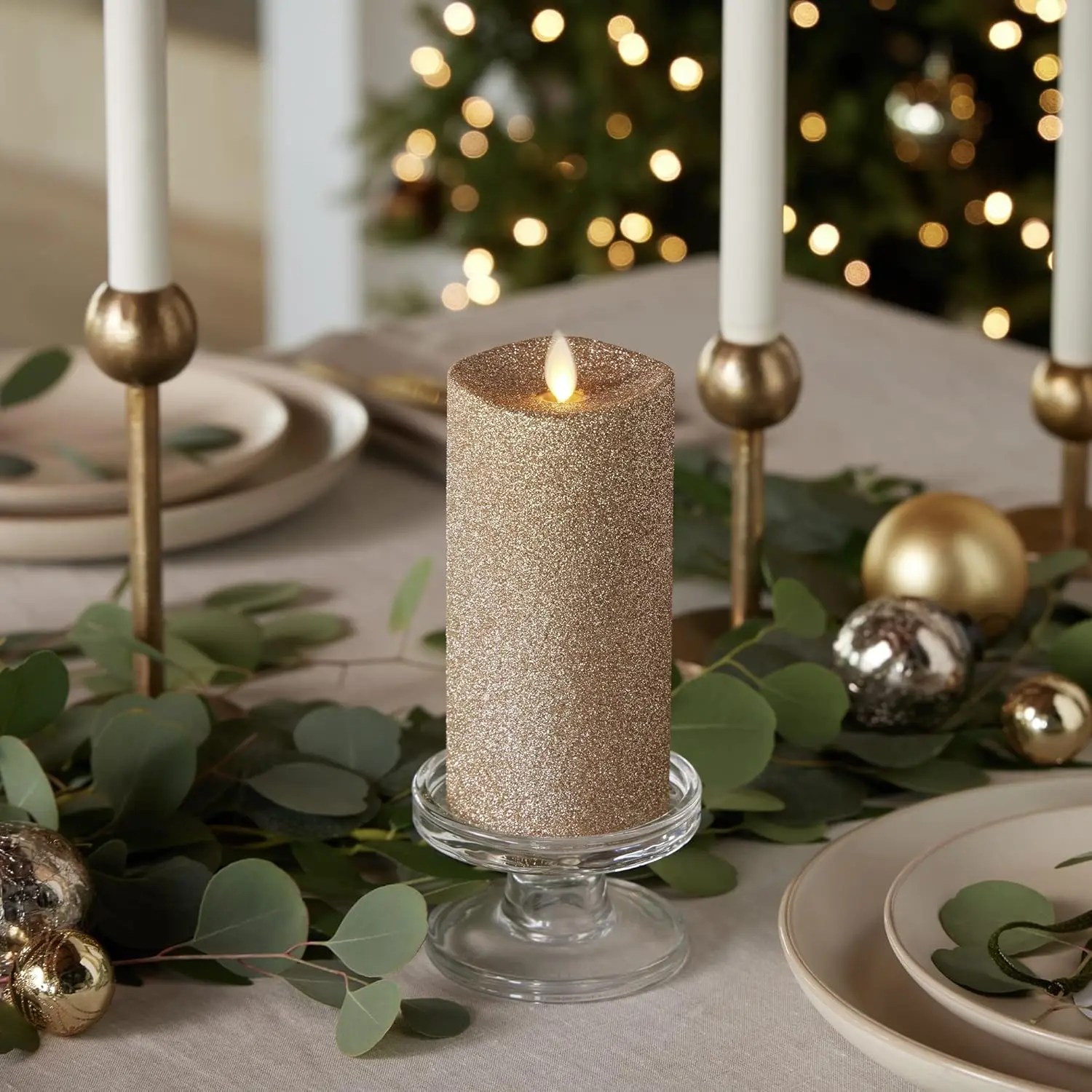 

Realistic Moving Flame LED Pillar Candle - Gold Glitter, Unscented, Remote Ready, 3" x 6.5"