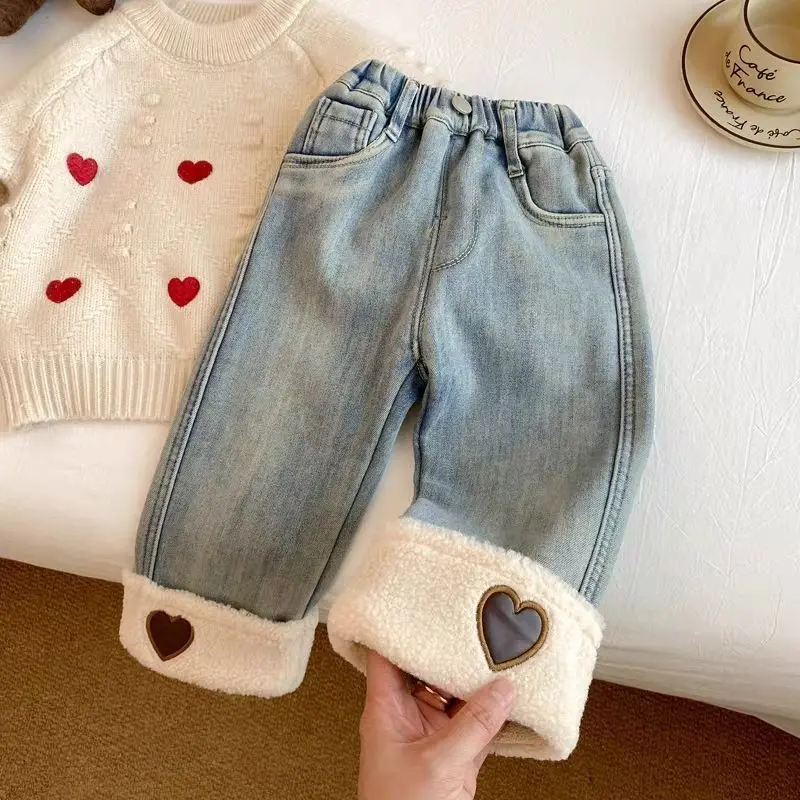 2025 Hot Selling Winter Thick and Plush Lamb Wool Heart-shaped Pattern Pants Leg Straight Leg Jeans