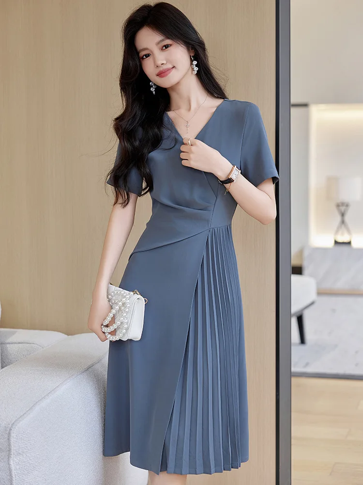 

Short Sleeve Temperament Dress Women's Summer2024New Goddess Temperament French Waist-Tight Lady Style Mid-Length Dress