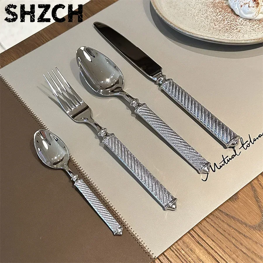 Silver Luxury Fashion Cutlery Set 18/10 Stainless Steel Creativity Gift Roman Column Flatware 304 Drop Shipping