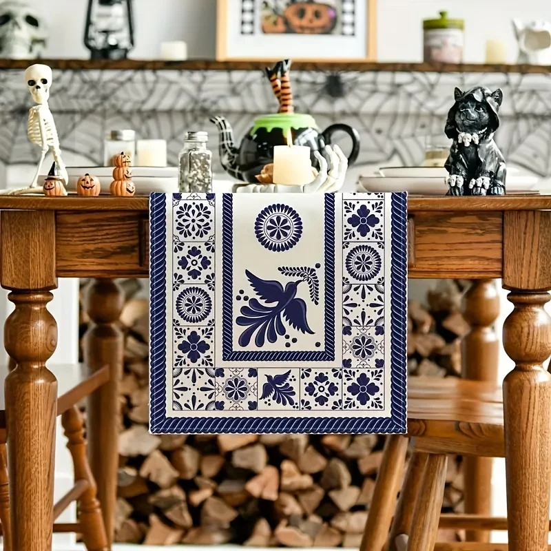 1 Piece of Mexican-Style Flower and Bird Table Runner, Painted with Dark Blue Traditional Patterns on a White Background, and Bird Patterns, Suitable for Mexican Restaurants, Folk Culture Exhibitions, Art Tea Parties, Retro Homes, Handicraft Markets, Cultural Exchange Activities, Theme Parties, and Special B&Bs