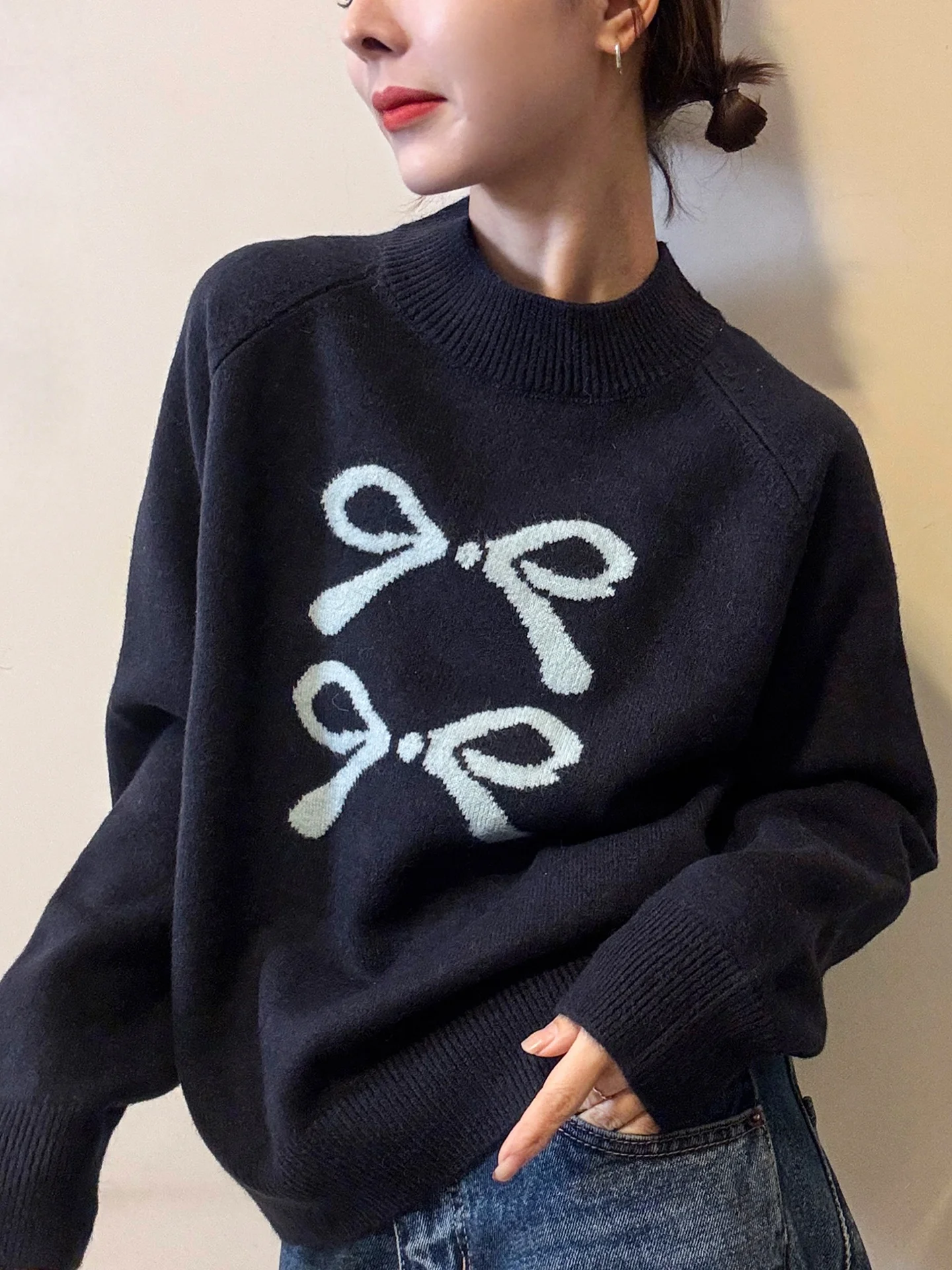 

Sweet Anti-Aging Thiened Long Sve Knitted Sweater Comfortable Overhead Winter Top with Knot for Younger Look