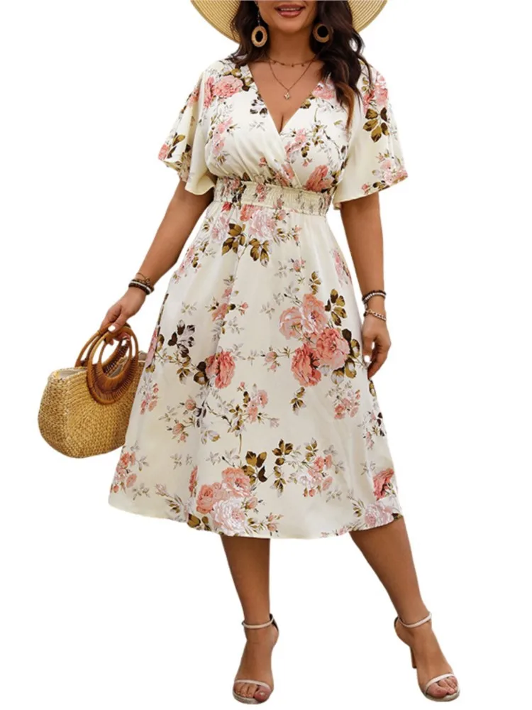 Plus Size Summer Flower Floral Print Midi Dress Women V-Neck Modis Sweet Ruffle Sleeve Ladies Dresses Loose Pleated Woman Dress