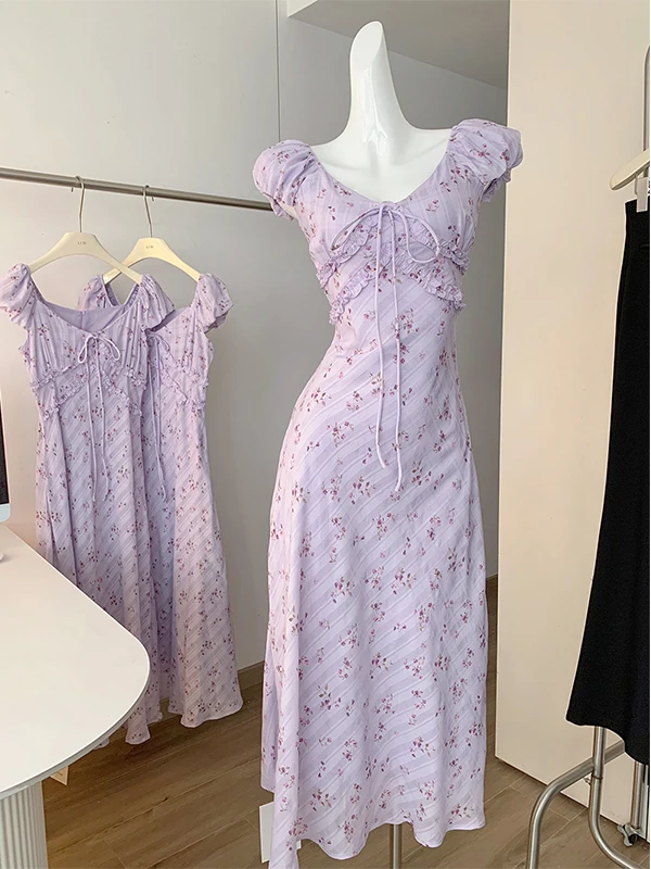 

Ele V-ne Floral Dr Women's Summer Fairy Purple Bubble Sve Long Dr Holiday Dr Korean Sle High Waist A-line...