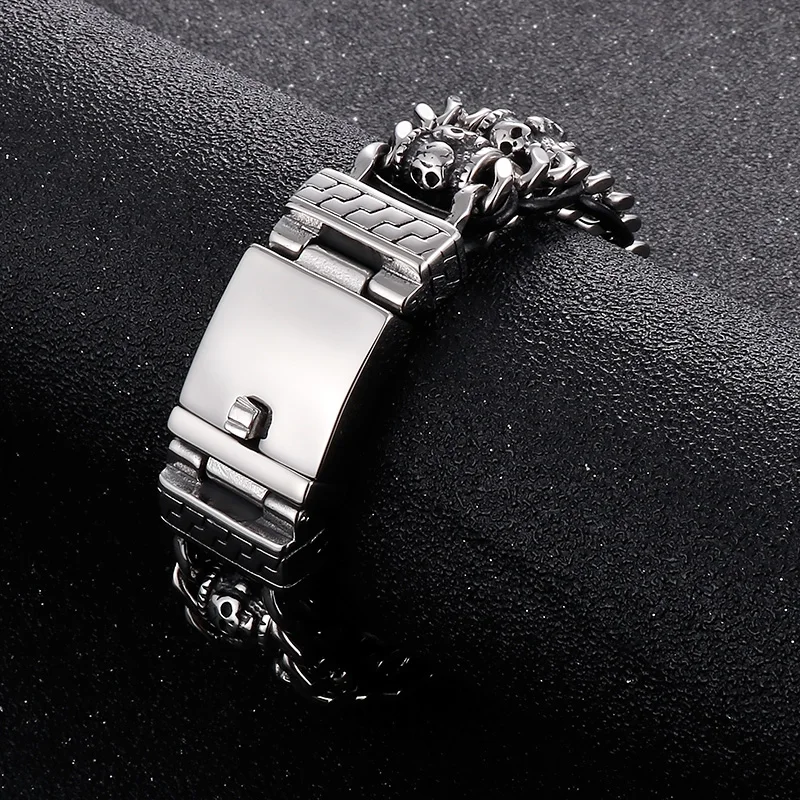 Fongten 22cm Stainless Steel Bracelet for Men Skull Symbol Weave Cowhide Chain Charm Men's Wristband Bracelets Bangle Jewellery