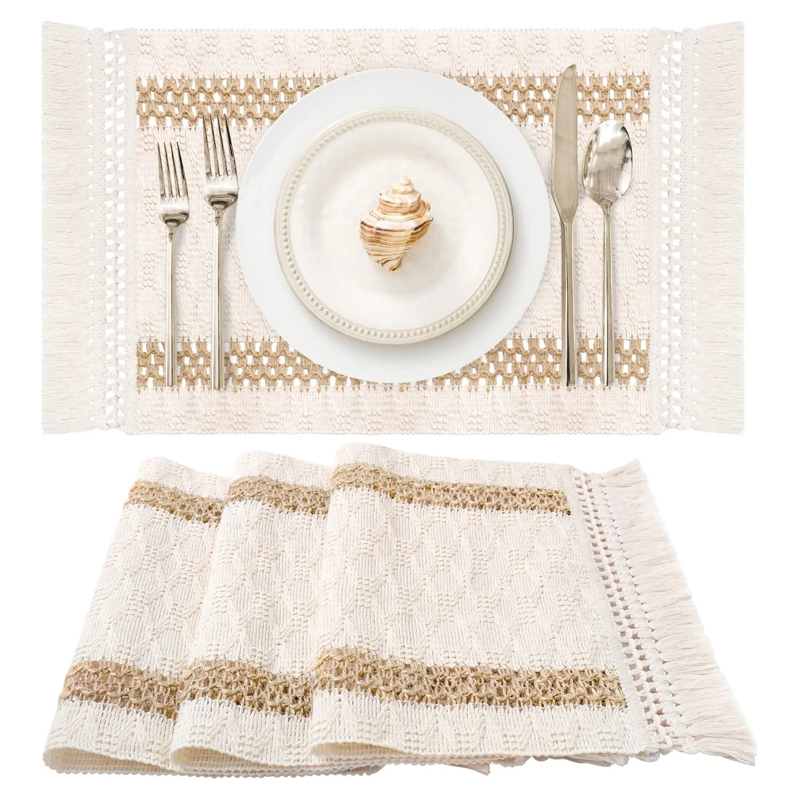 Macrame Placemats Set of 4, Cream Beige Boho Place Mats with Tassels, Hand Woven Cotton and Burlap Splicing, Rustic Placemats