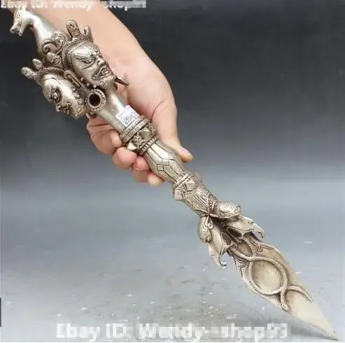 

decoration brass factory outlets Tibet Silver 13''Tibet Buddhism Silver Mahakala Buddha 3 Head Horse Dagger Holder
