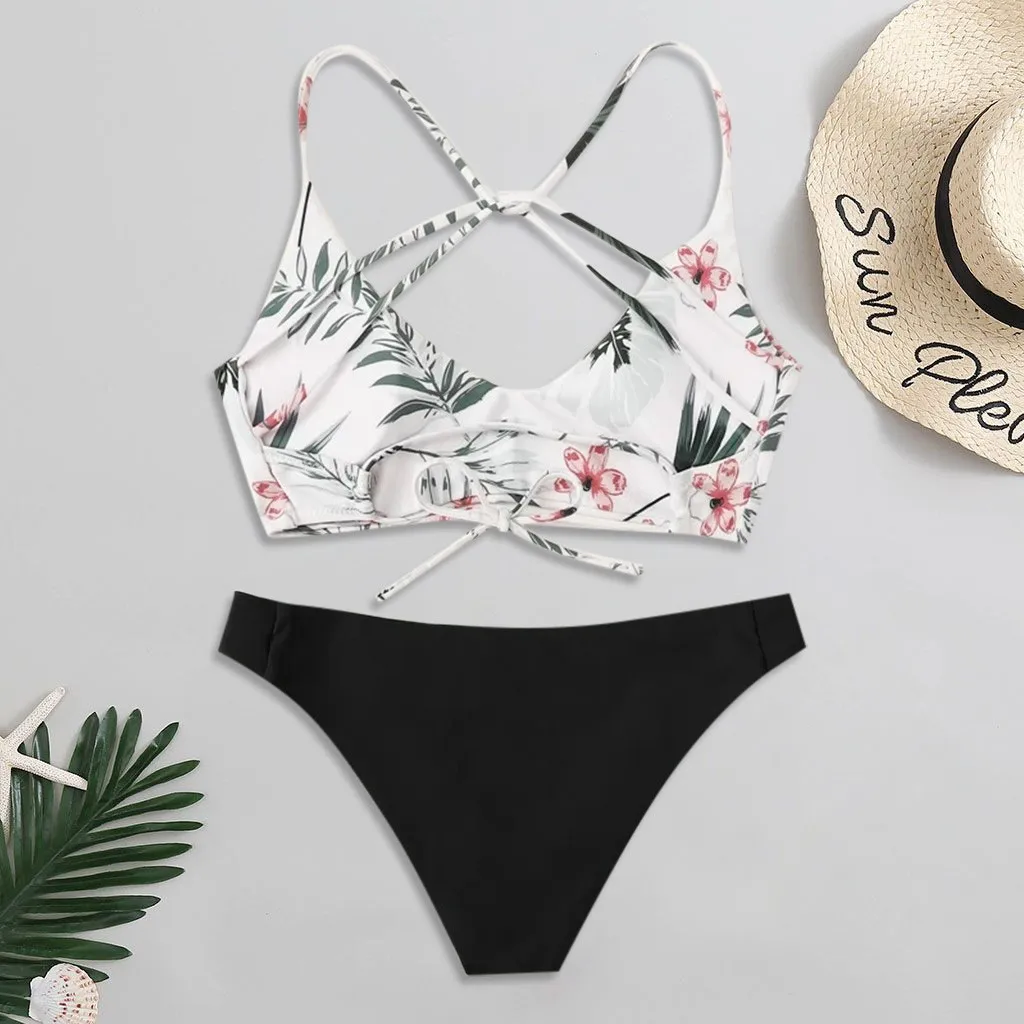 Moda praia com estampa floral para mulheres, maiô push-up, alça cruzada, roupas de banho triangulares multicoloridas, biquínis push-up