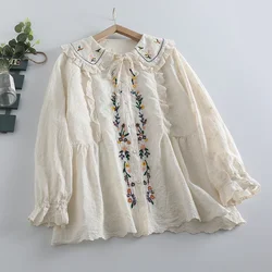 Fall Mori Girl Cotton Floral Embroidery Lace Long Sleeve Shirt Vintage Shabby Chic Cottagecore Sweet Victorian Rococo Blouse